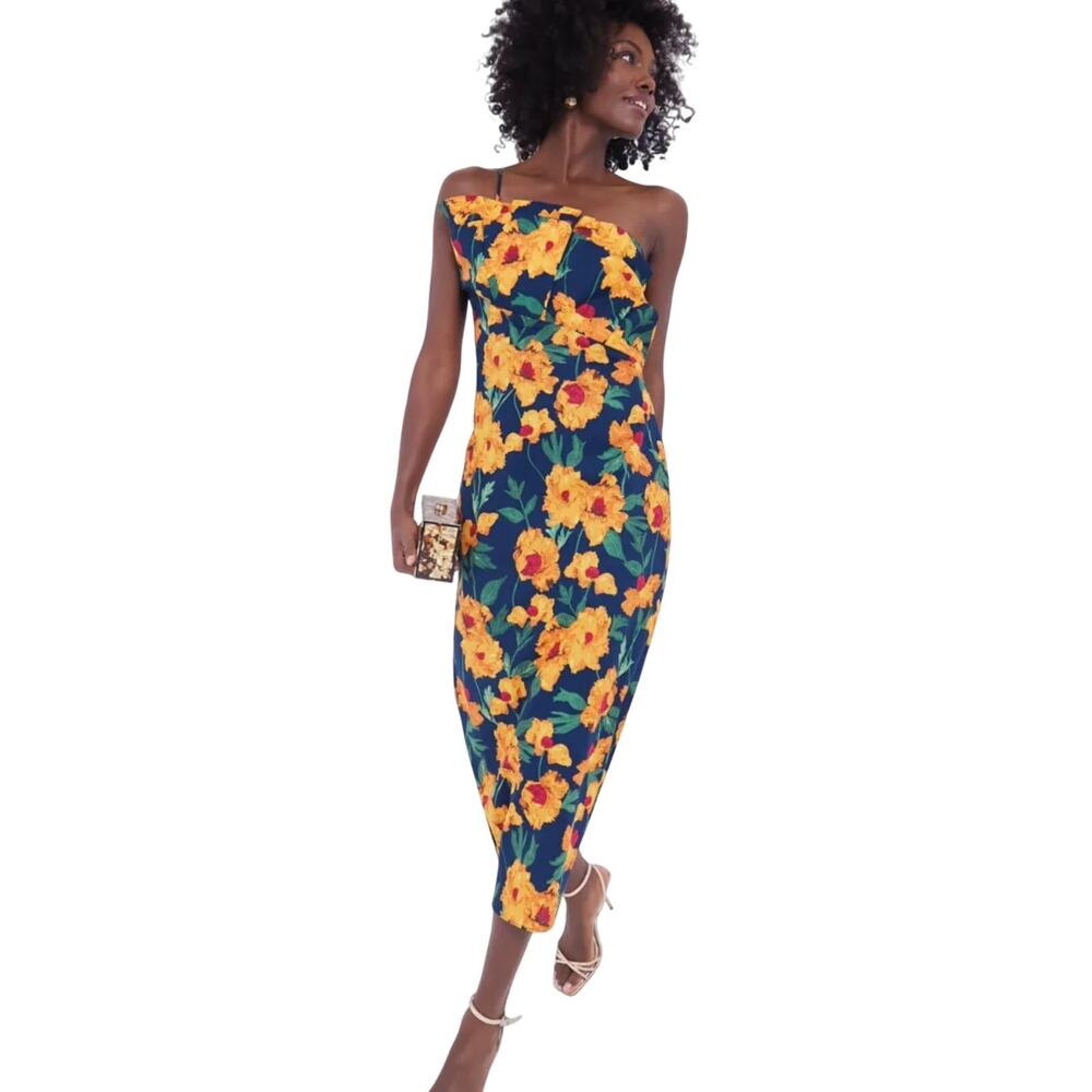 Tuckernuck Navy Strapless Midi Dress with Yellow Floral Print
